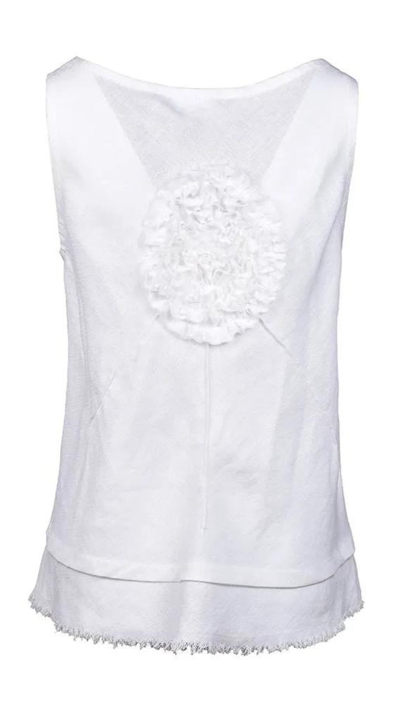 White linen sleeveless top cut on the bias with back ruffle detail