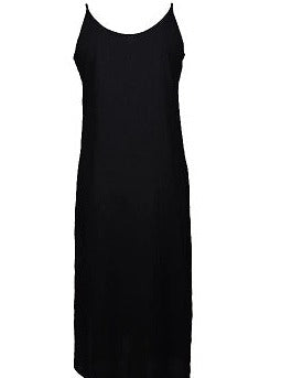Back view of a black linen slip dress with thin straps, minimalist women's clothing.