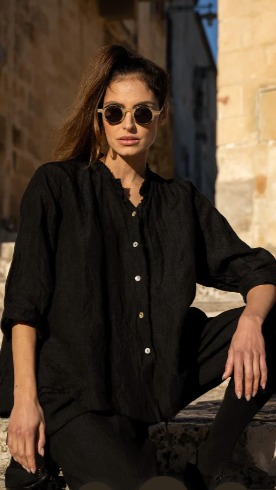 Black raw edge linen shirt with button front