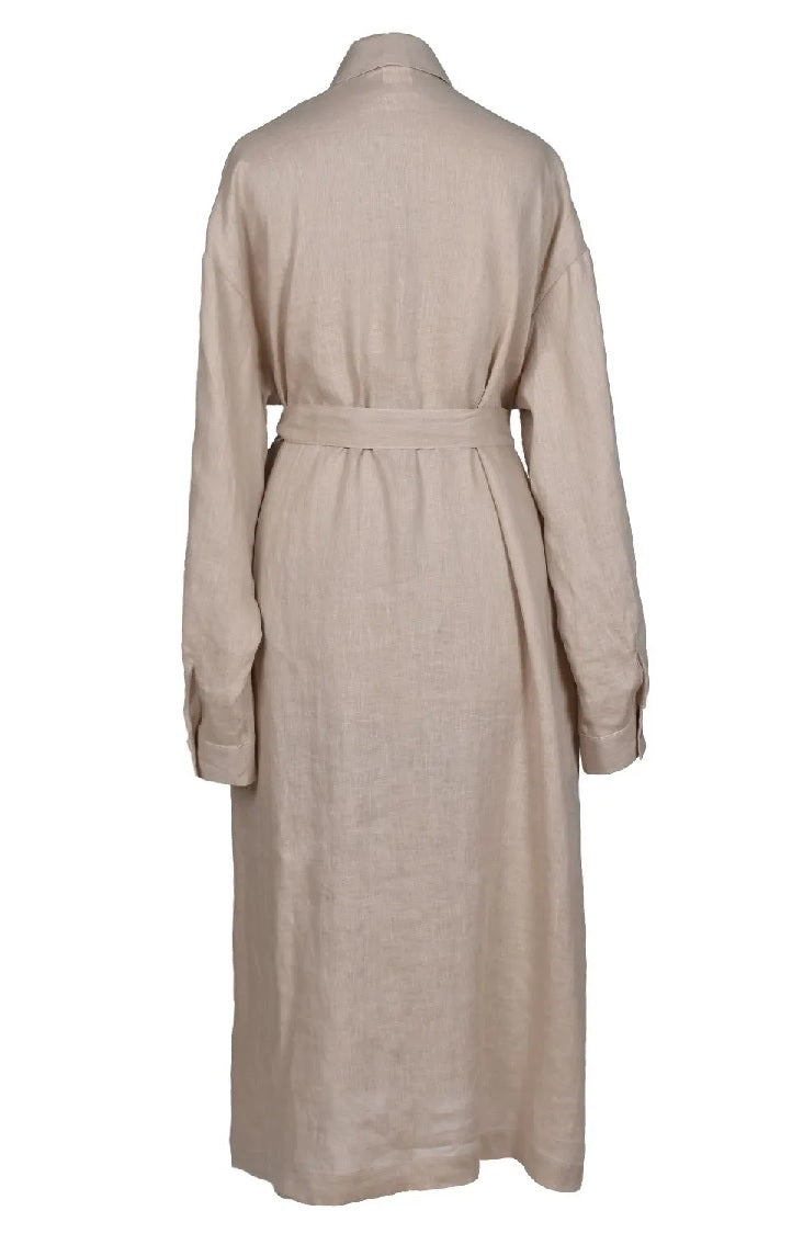 back of beige linen shirt dress