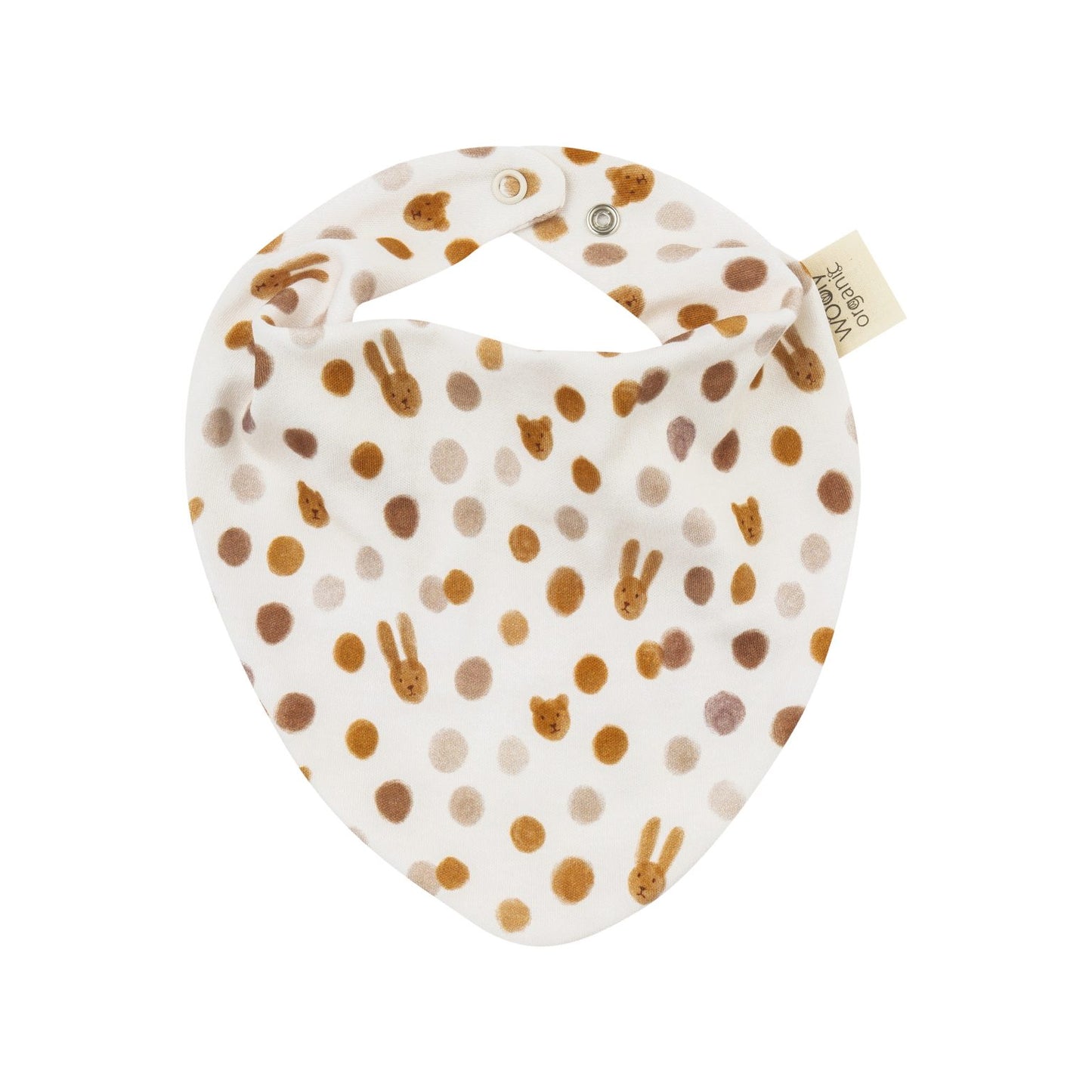 White organic cotton baby bib with caramel polka dots and animal faces, snap closure.