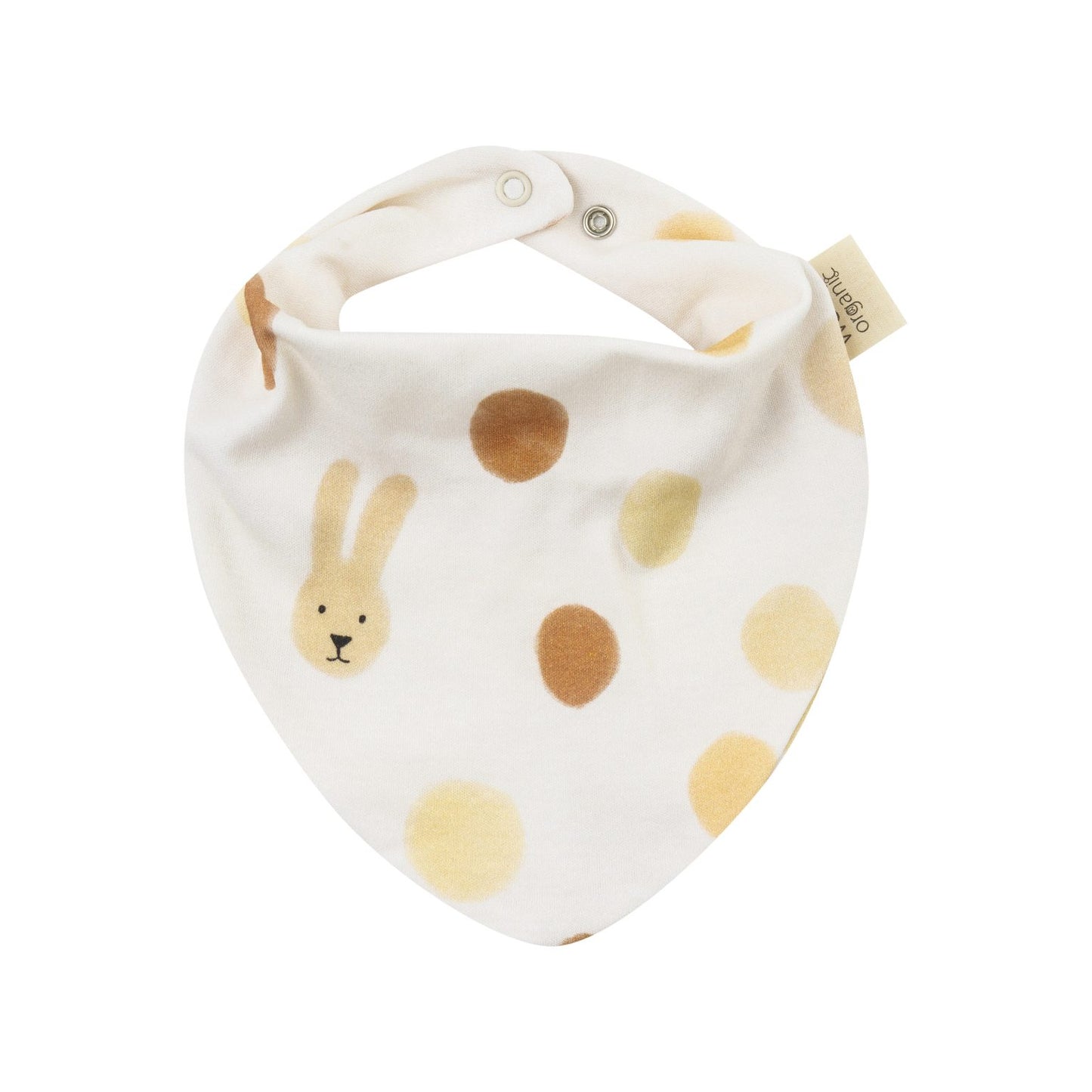 Baby bandana bib with beige dots and bunny print, soft fabric, snap closure