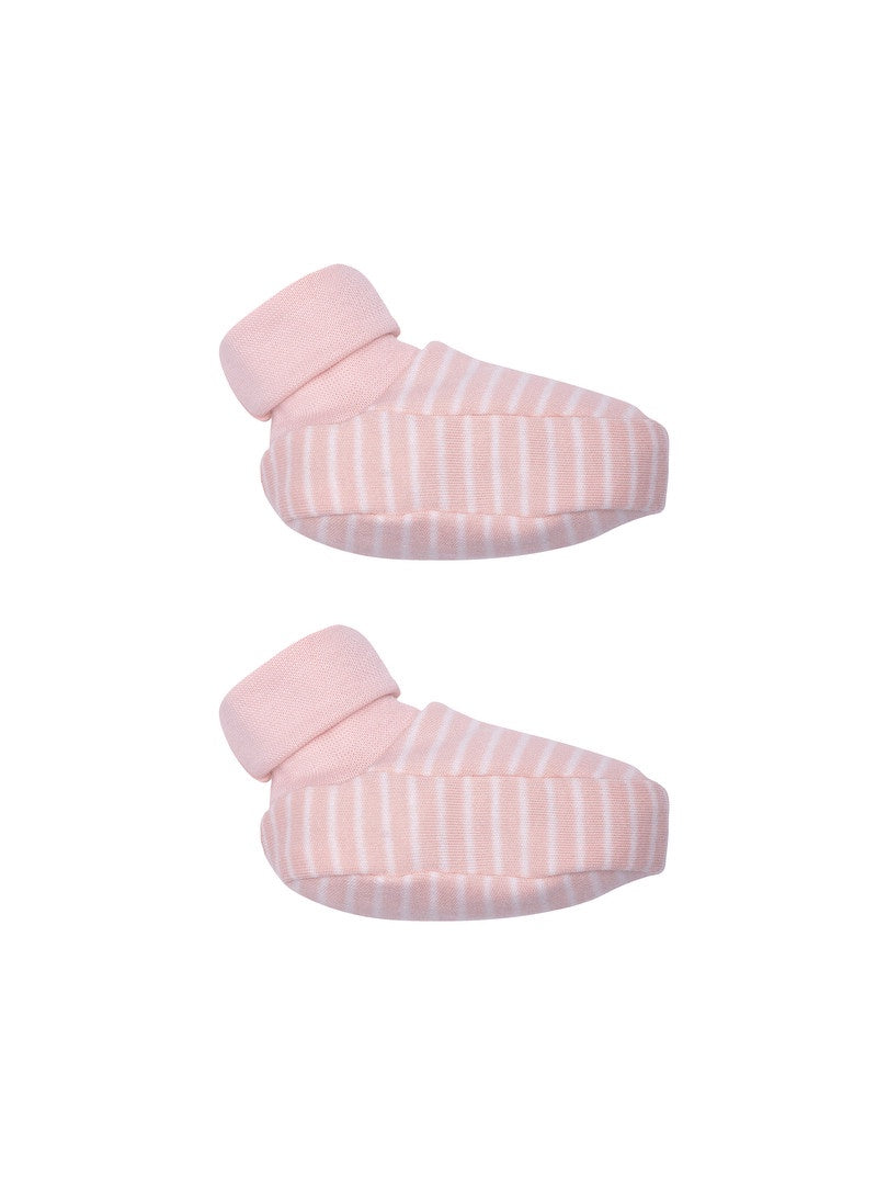 Organic cotton booties in pink stripe with sheepskin inside.