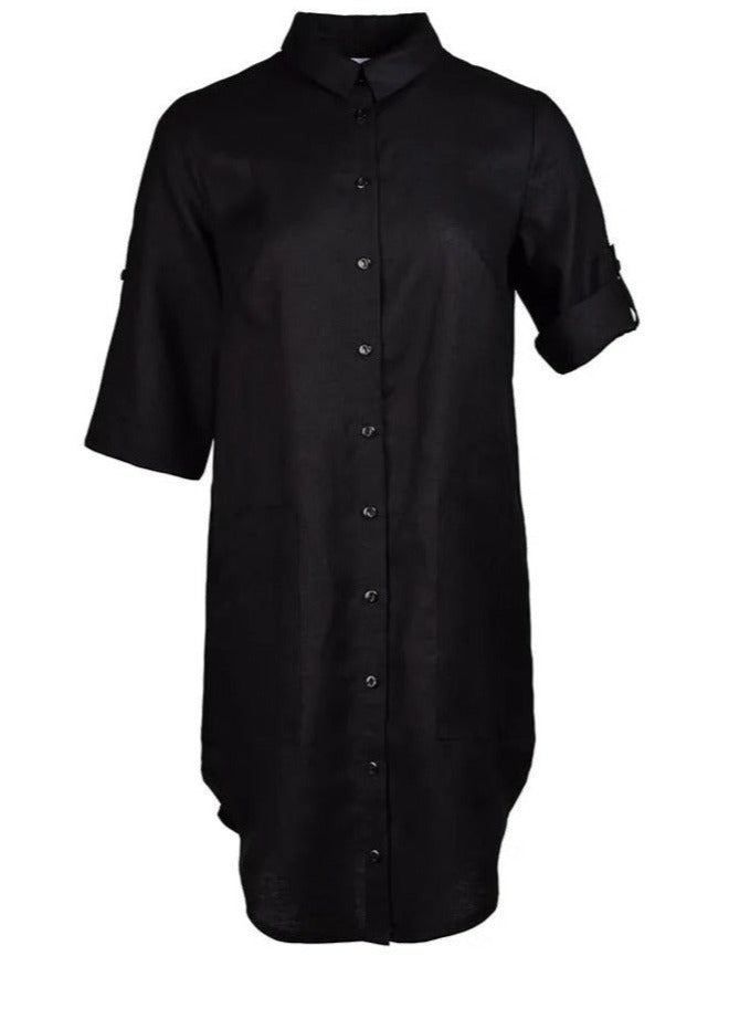 black linen shirt dress front view