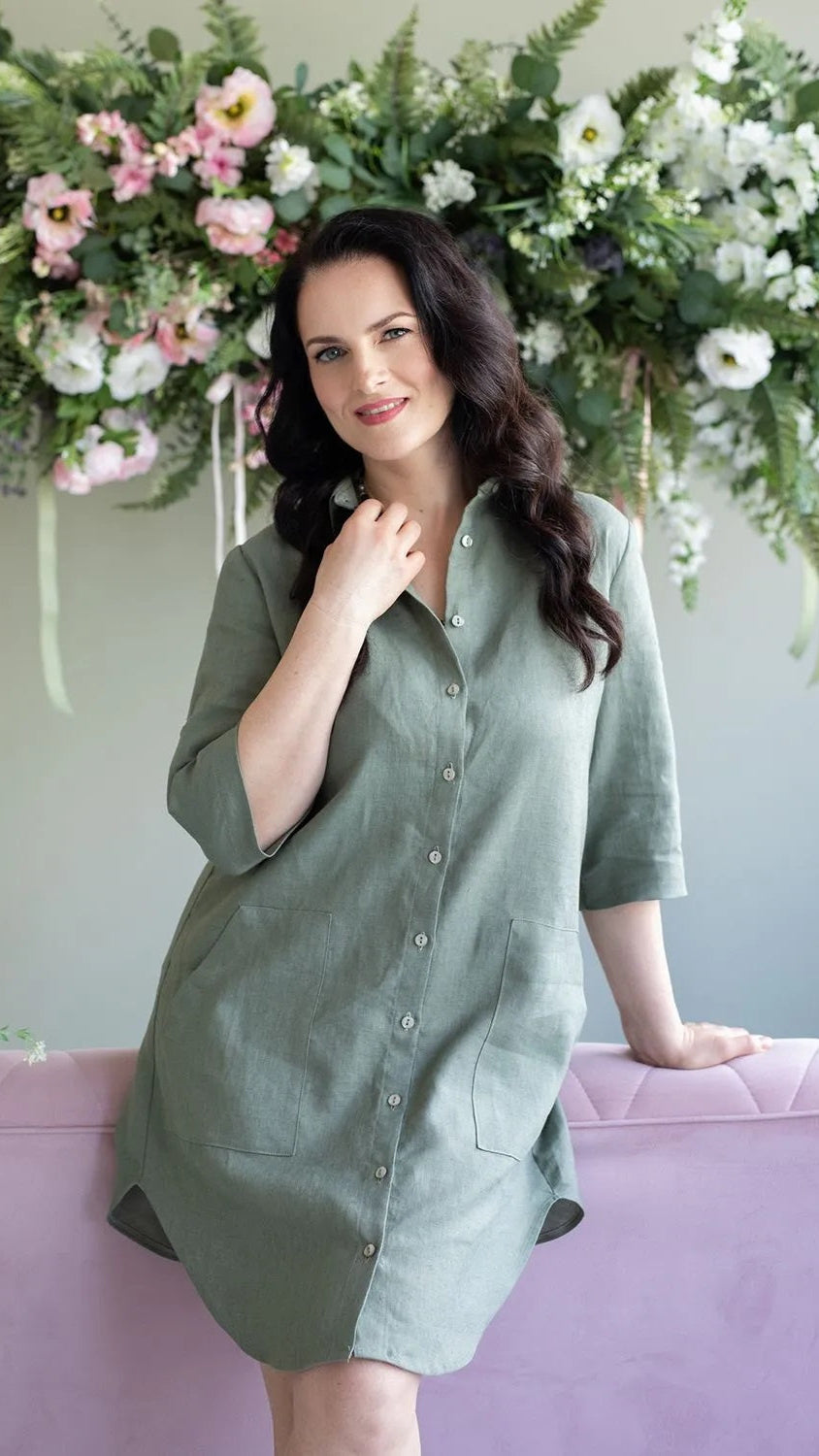Khaki linen shirt dress on model