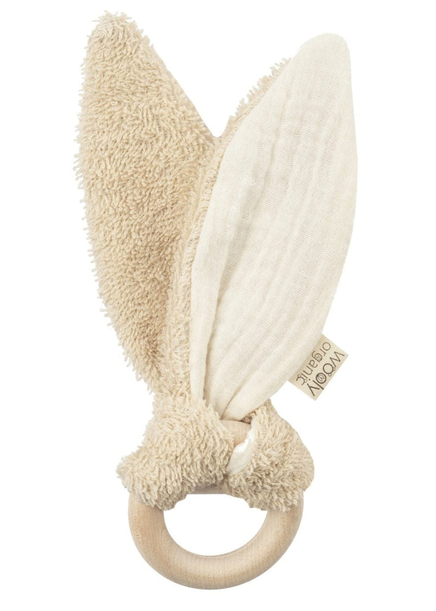 Cotton muslin bunny ears teething ring in biscuit.