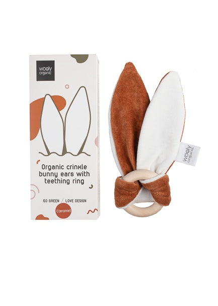 Bunny ears teething ring in caramel.