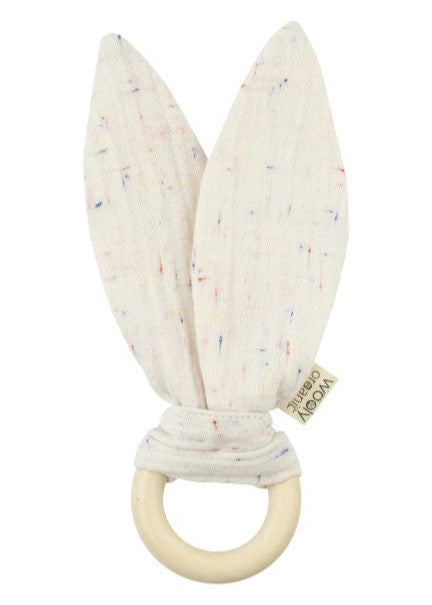 Muslin bunny ears with crinkle sound and teething ring in natural colour with speckle print.