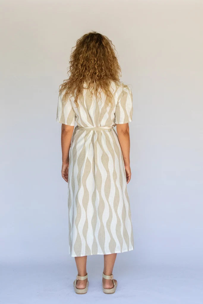Model wearing wrap dress back view in Island Print.