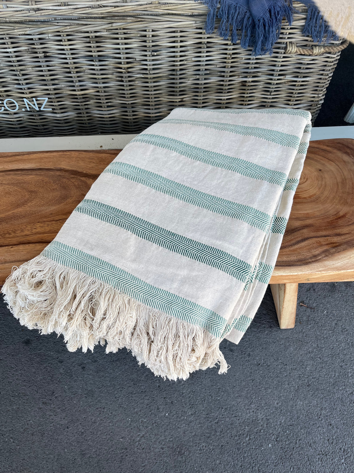 Linen/Cotton bed throw 217x200cm Green Stripe