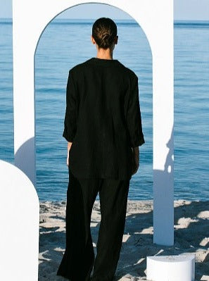 Black linen blazer back view