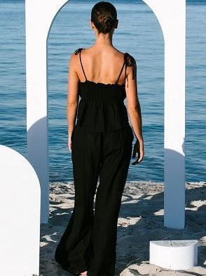 Black linen pant back view
