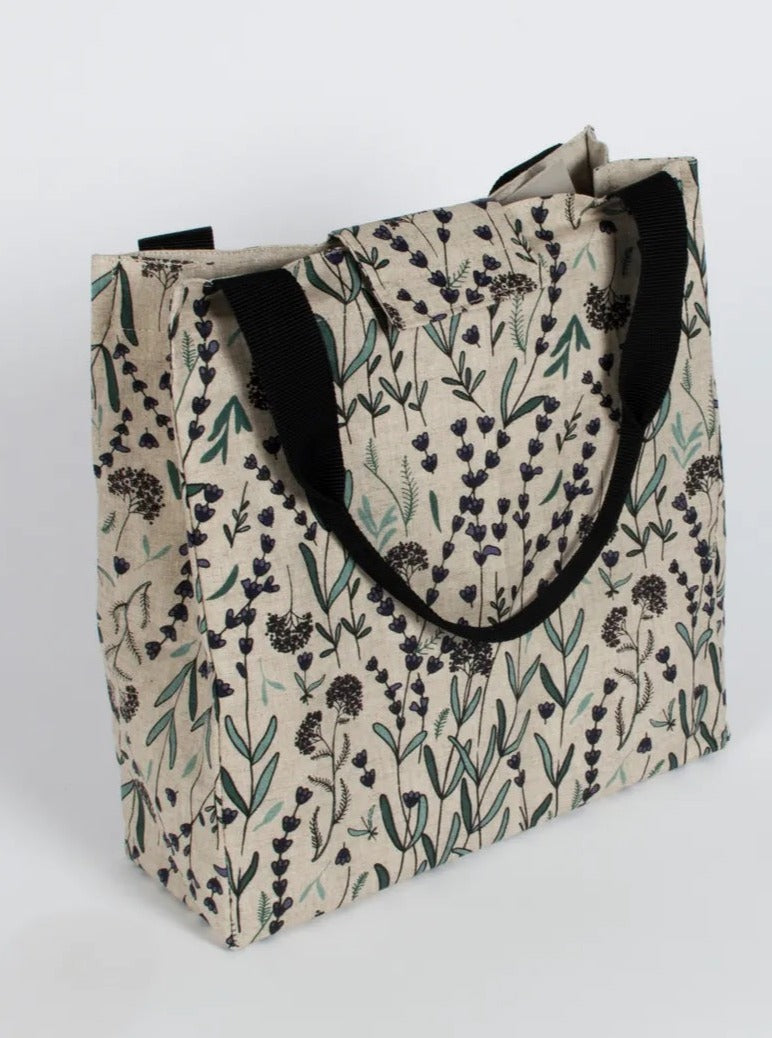 linen lunch bag lavender flower print front