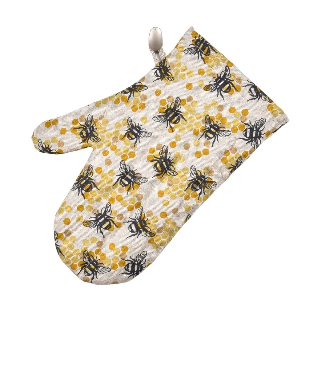 Linen cotton oven mitt with yellow honeycomb and bee print, kitchen accessory