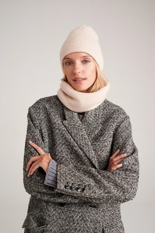 model wearing beige mohair beanie