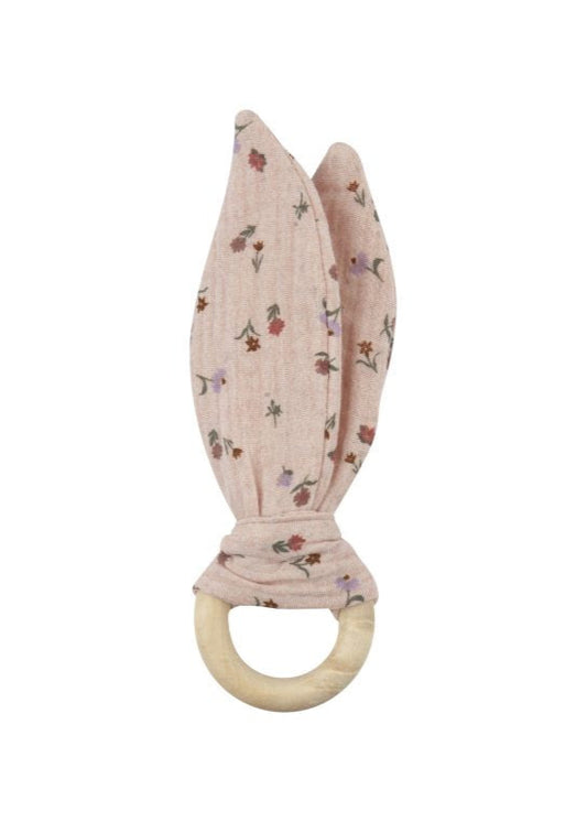 Muslin teething ring with pink flowers and bunny ears.