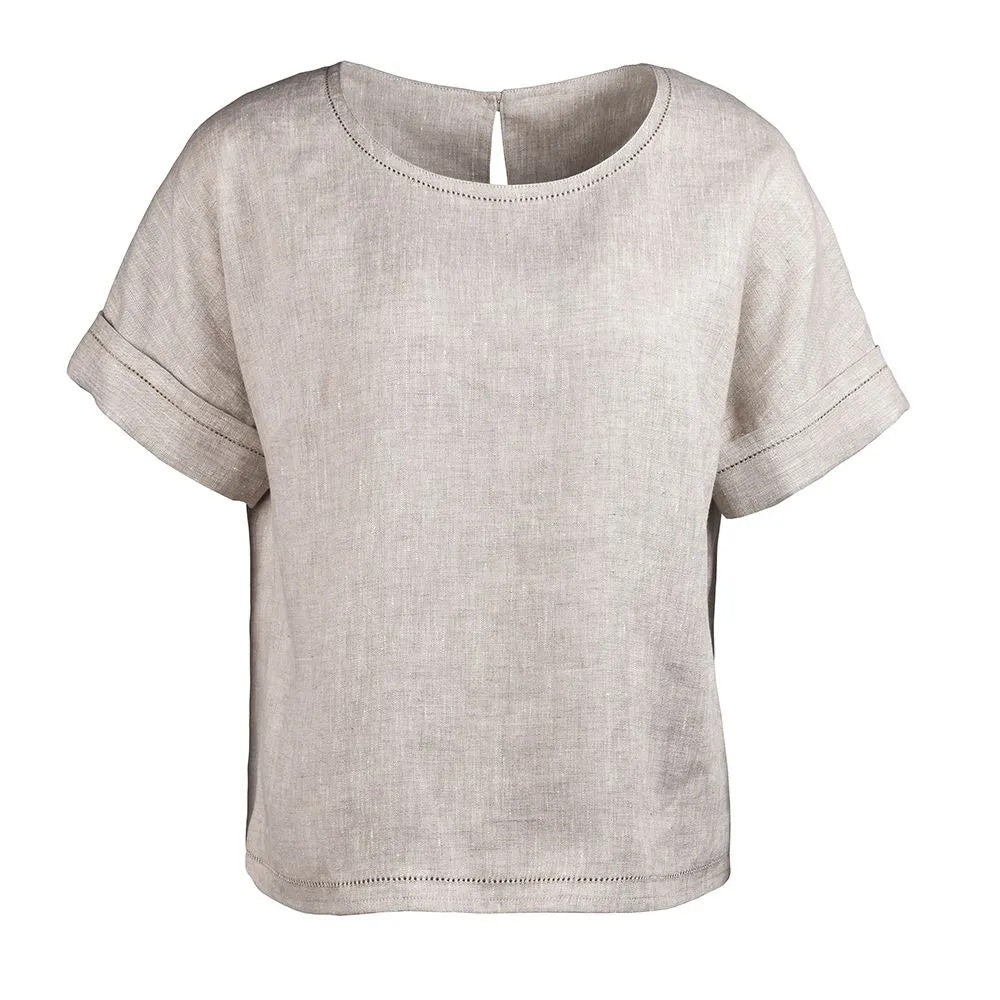 Natural linen top with short sleeve and round neck front view