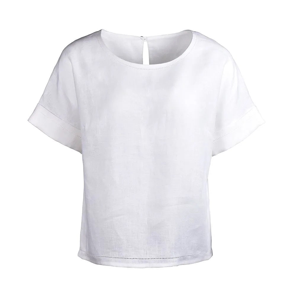 White short sleeved linen top with top stitching front view