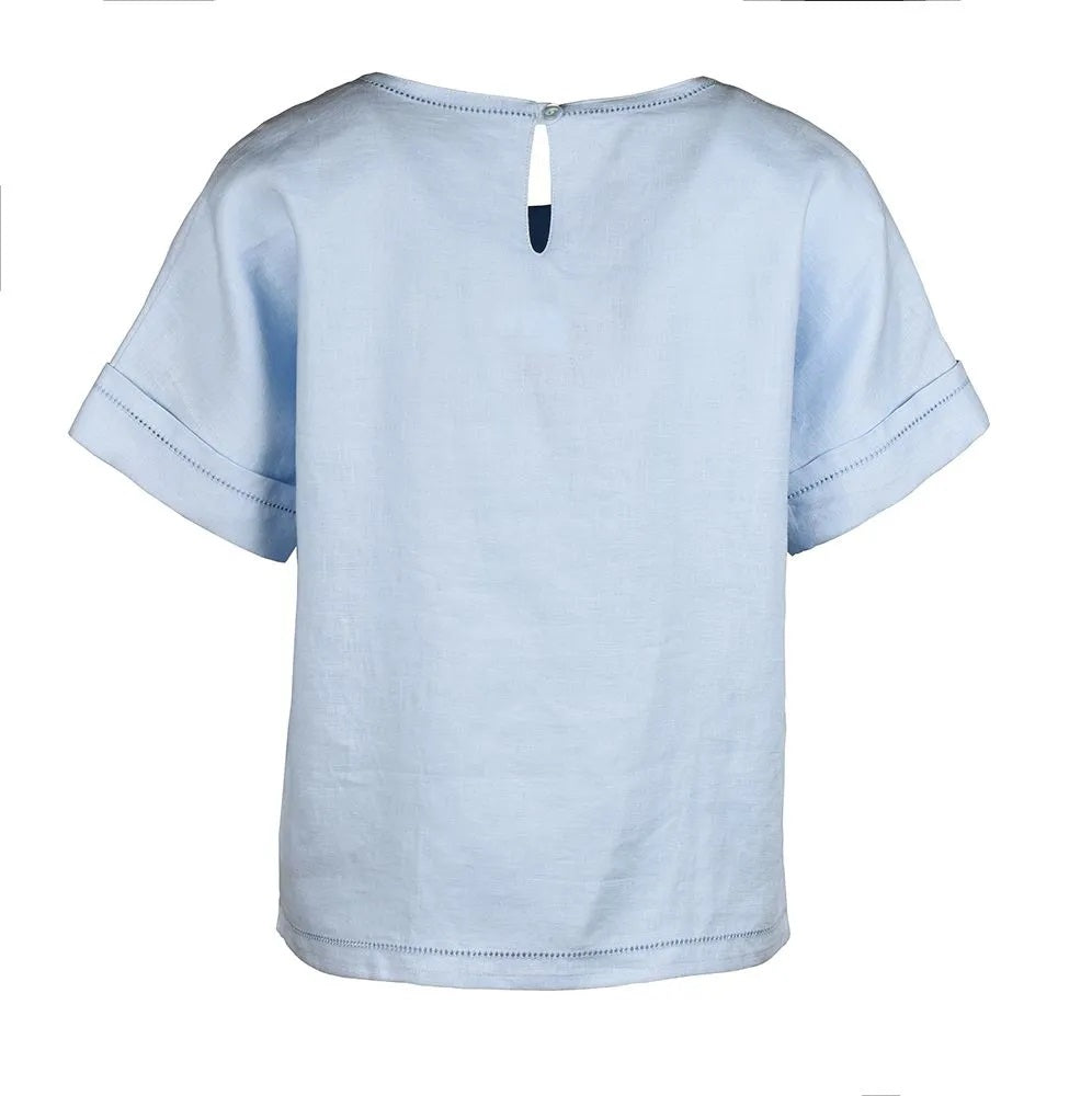 Back view of pale blue women's linen top with short sleeves and button keyhole detail.