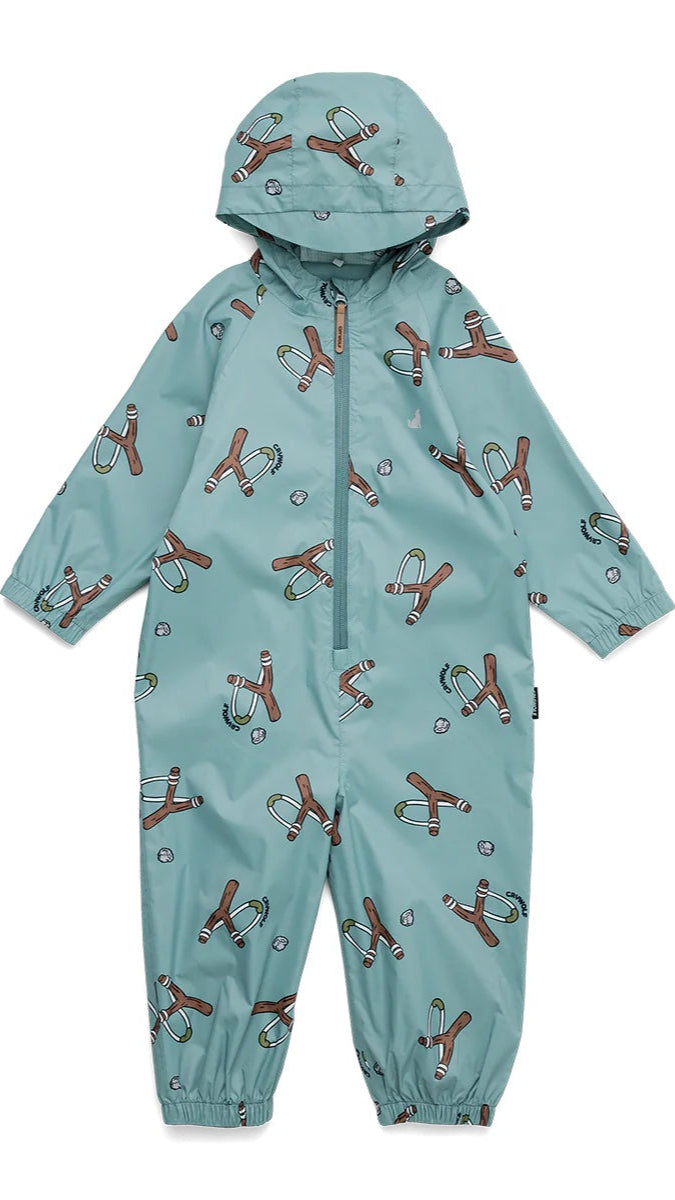 Front view all in one waterproof splashsuit in stone blue.