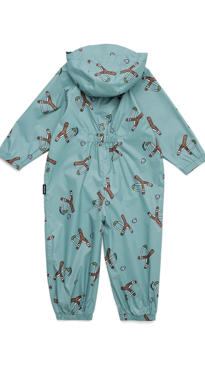 Back view stone blue splashsuit with elastic gather at the back waist.