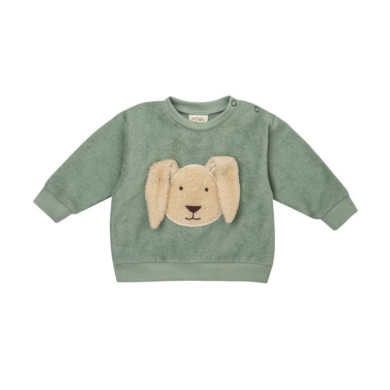Green cotton terry seater with bunny on the front.