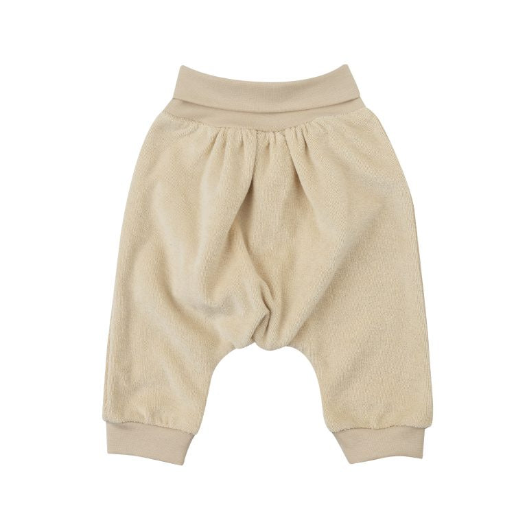 Ecru cotton terry pants with elastic waist and fold over waistband.