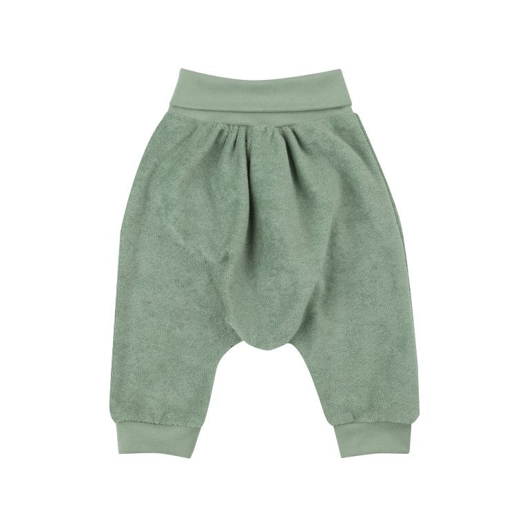 Green cotton terry pants with elastic waist and fold over waistband.