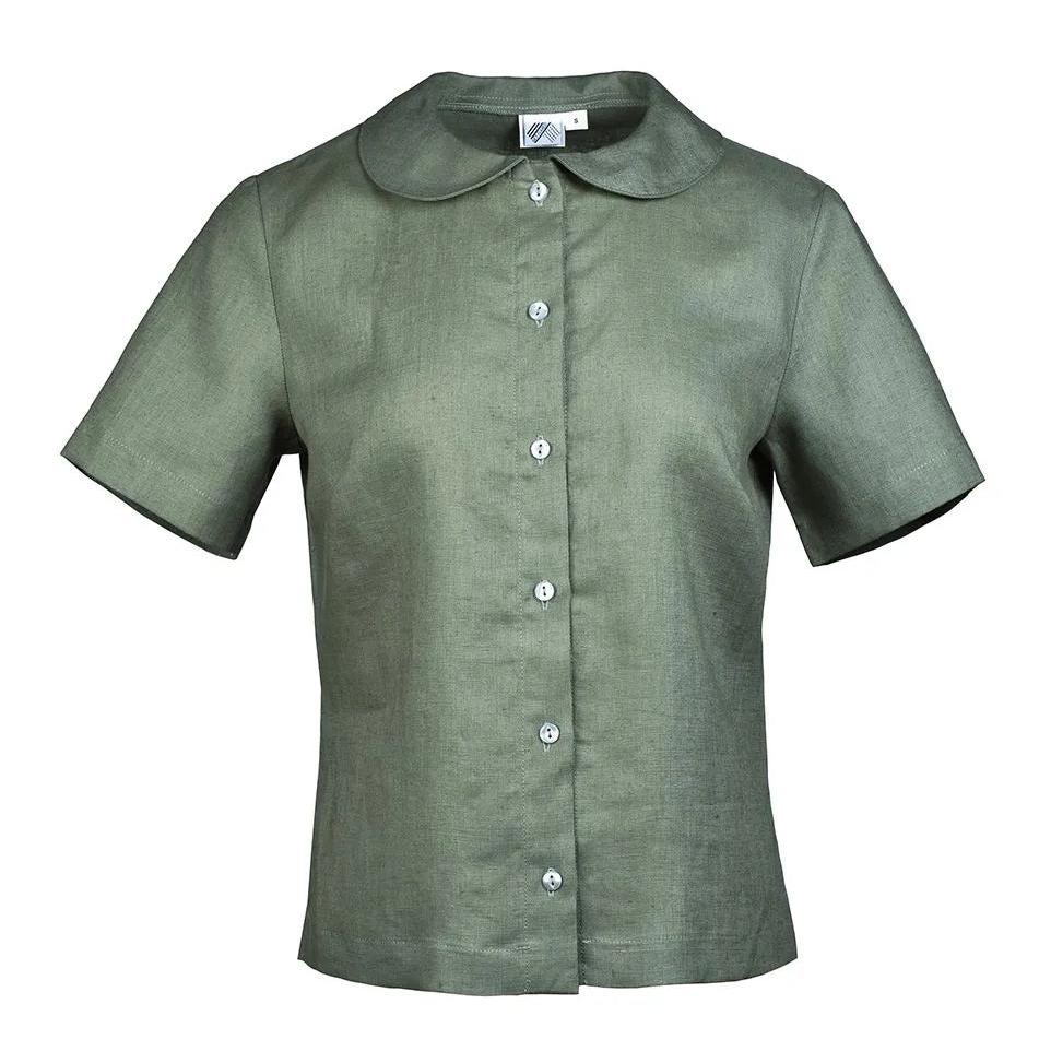 khaki linen shirt short sleeve front view
