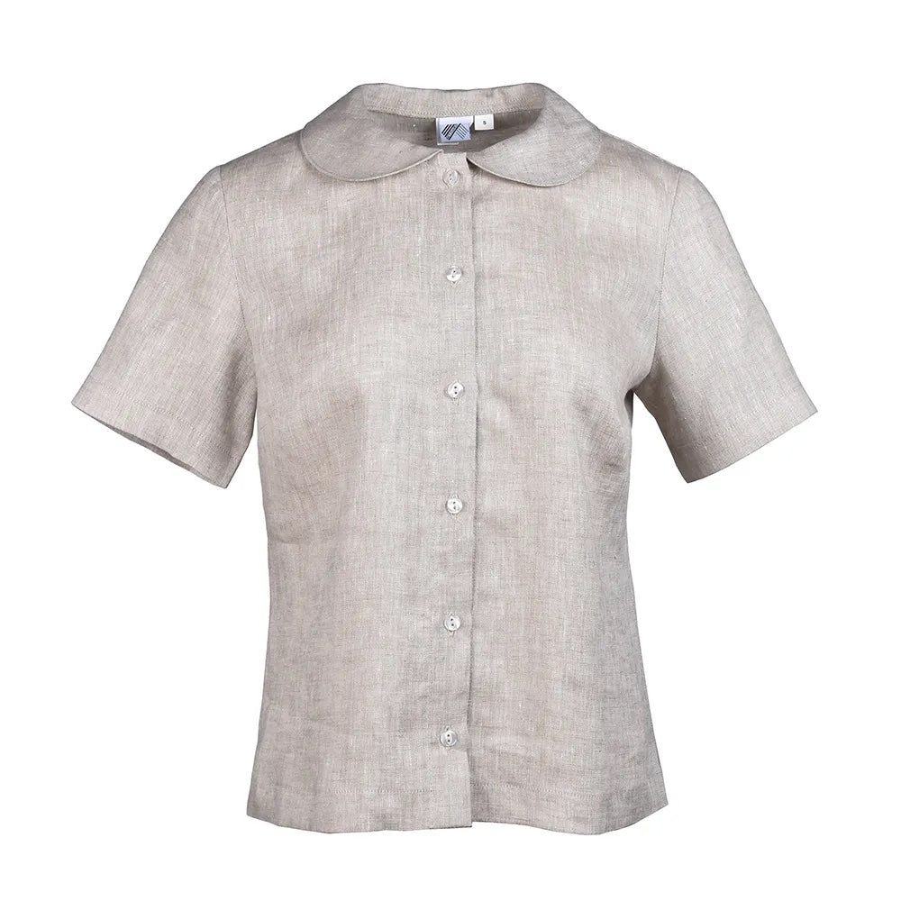 Natural linen short sleeve shirt front view.
