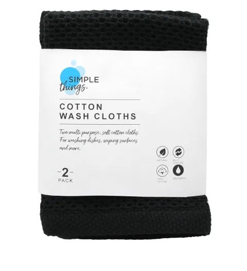Black cotton wash cloths 2-pack with label, ideal for cleaning and washing surfaces.