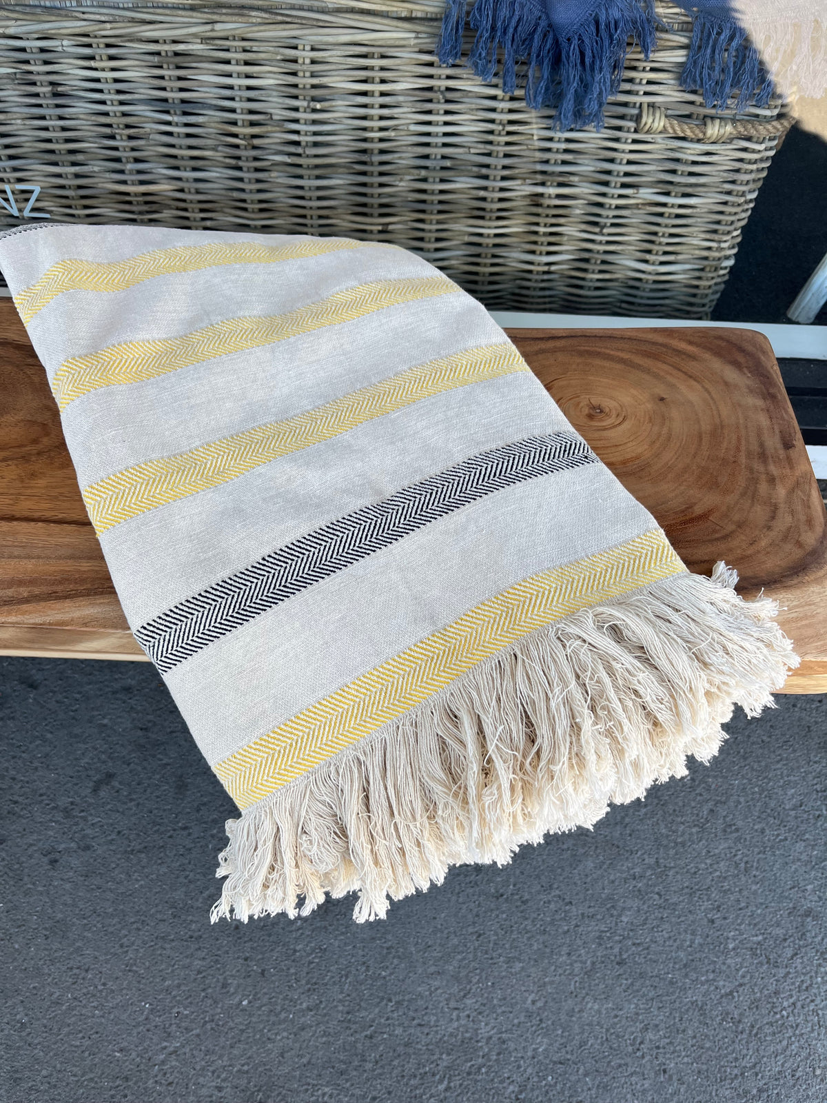 Linen/Cotton bed throw 217x200cm Yellow Stripe