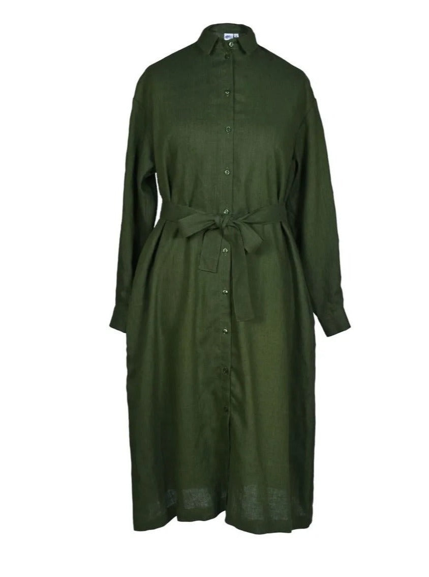 Front green linen dress