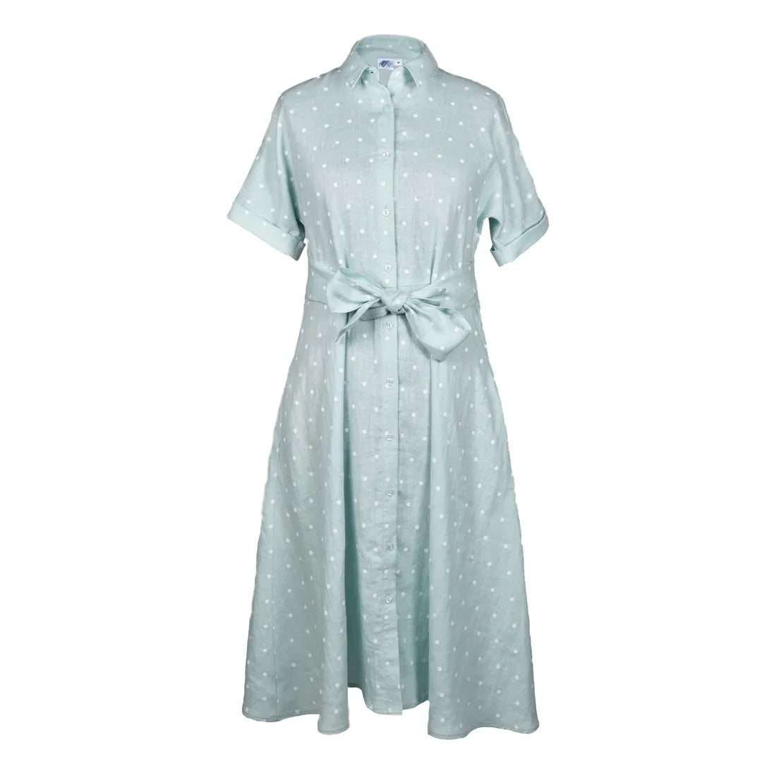 Linen Dress Clare Mint With White Polka Dots