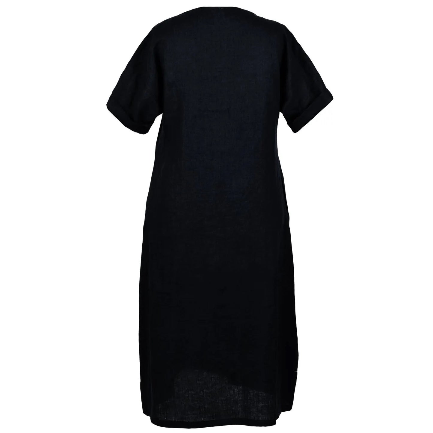 Back view of black linen short sleeve midi dress for women