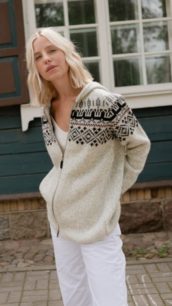 Lady wearing hooded cardigan