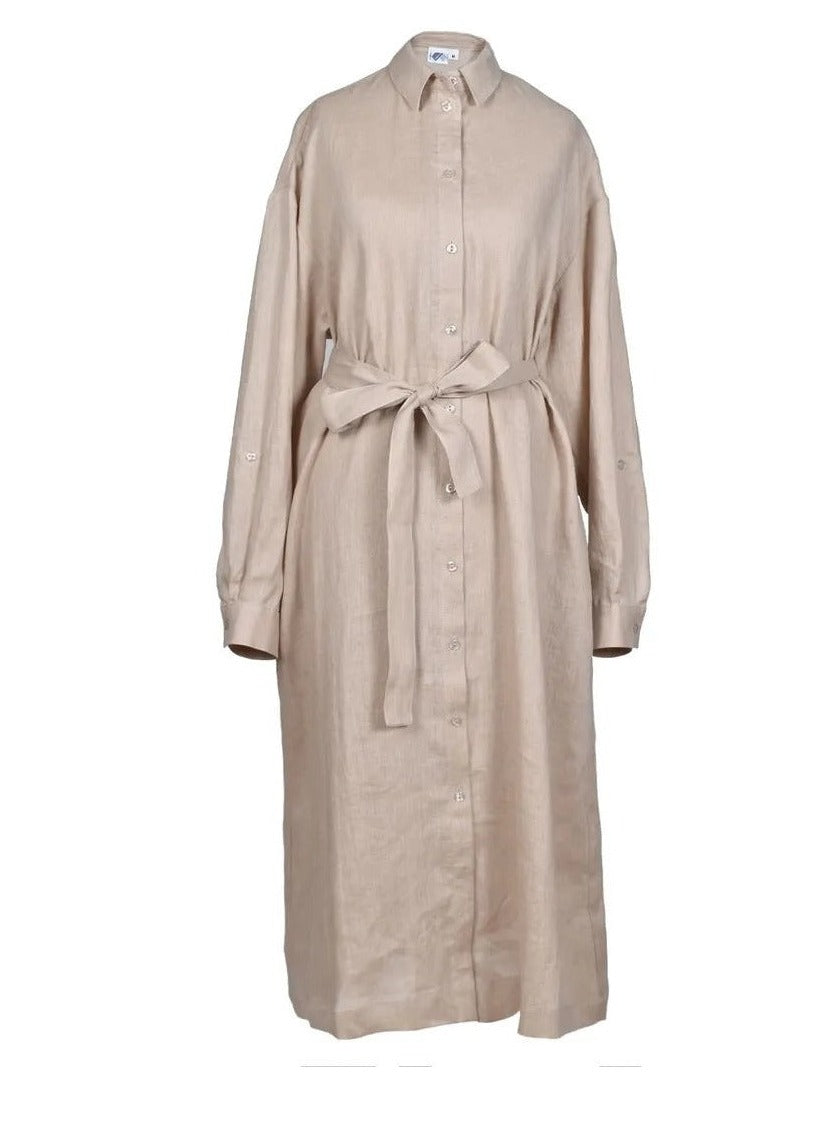 front of beige linen shirt dress