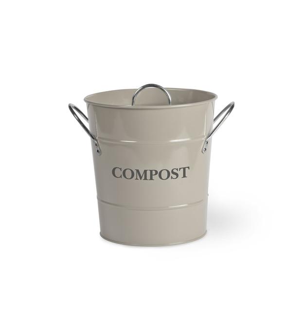 Beige metal compost bin with handles and COMPOST label on white background