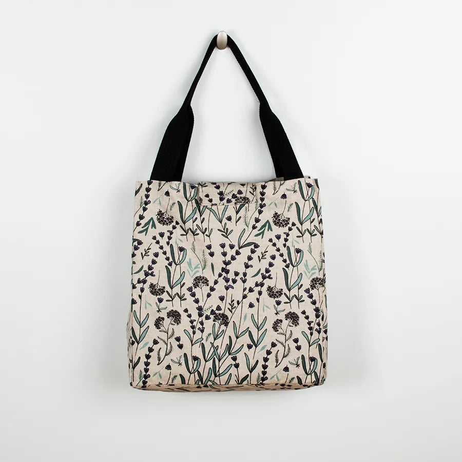 linen lunch bag lavender flower print back