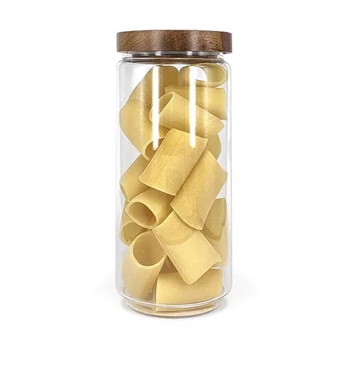 Glass jar with wooden lid.