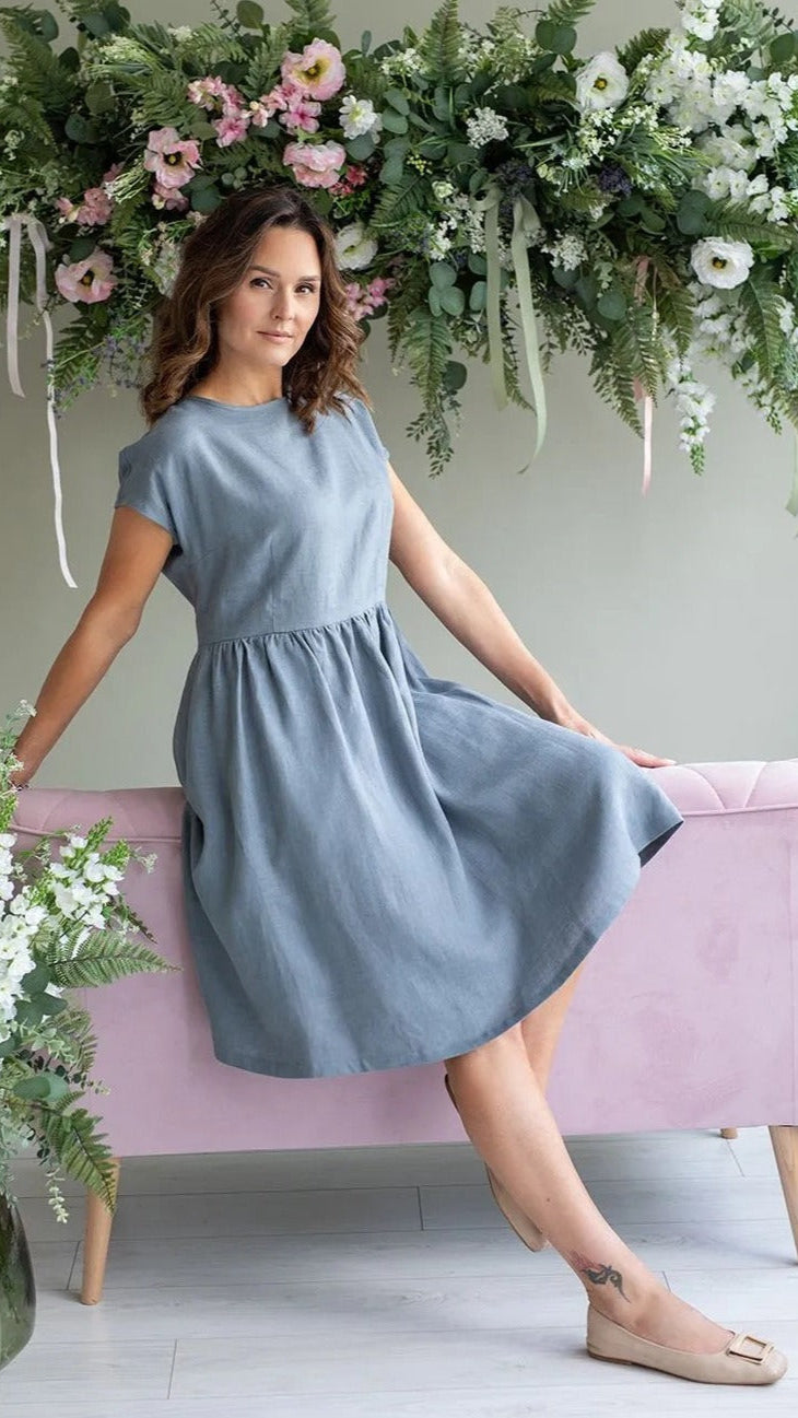 Blue/grey linen dress with model front view