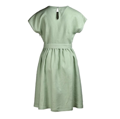 Back view of mint green linen dress with short sleeves and belted waist