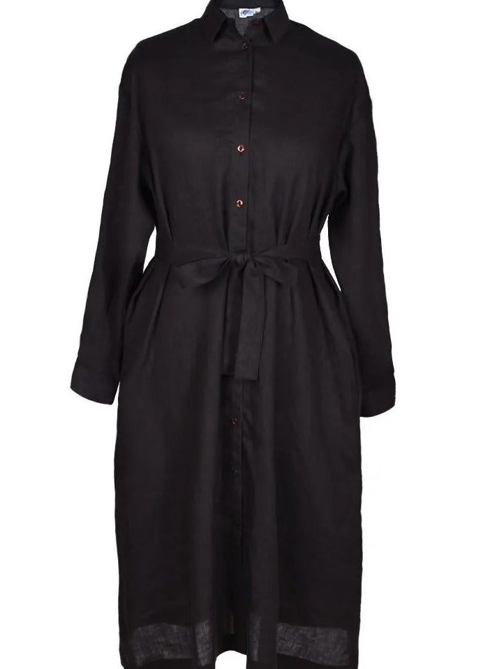 front of mid length linen shirt dress charcoal