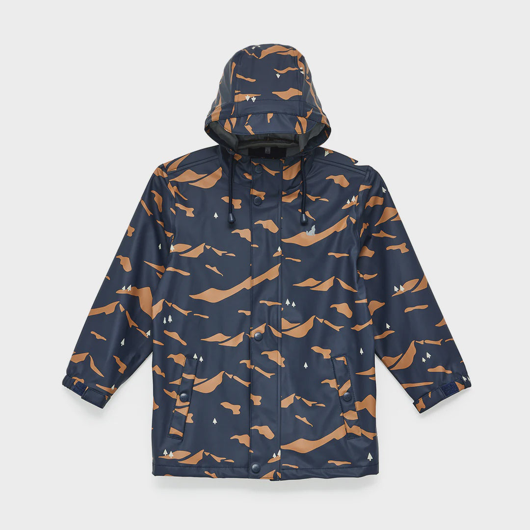 Rain jacket with mountain design in charcoal and camel.