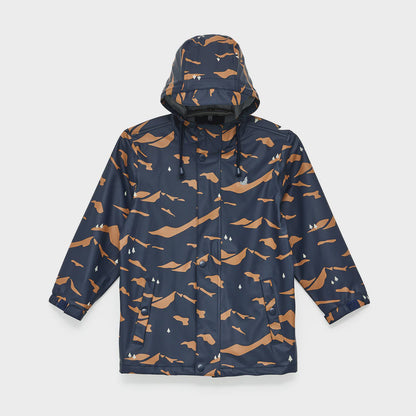 Rain jacket with mountain design in charcoal and camel.