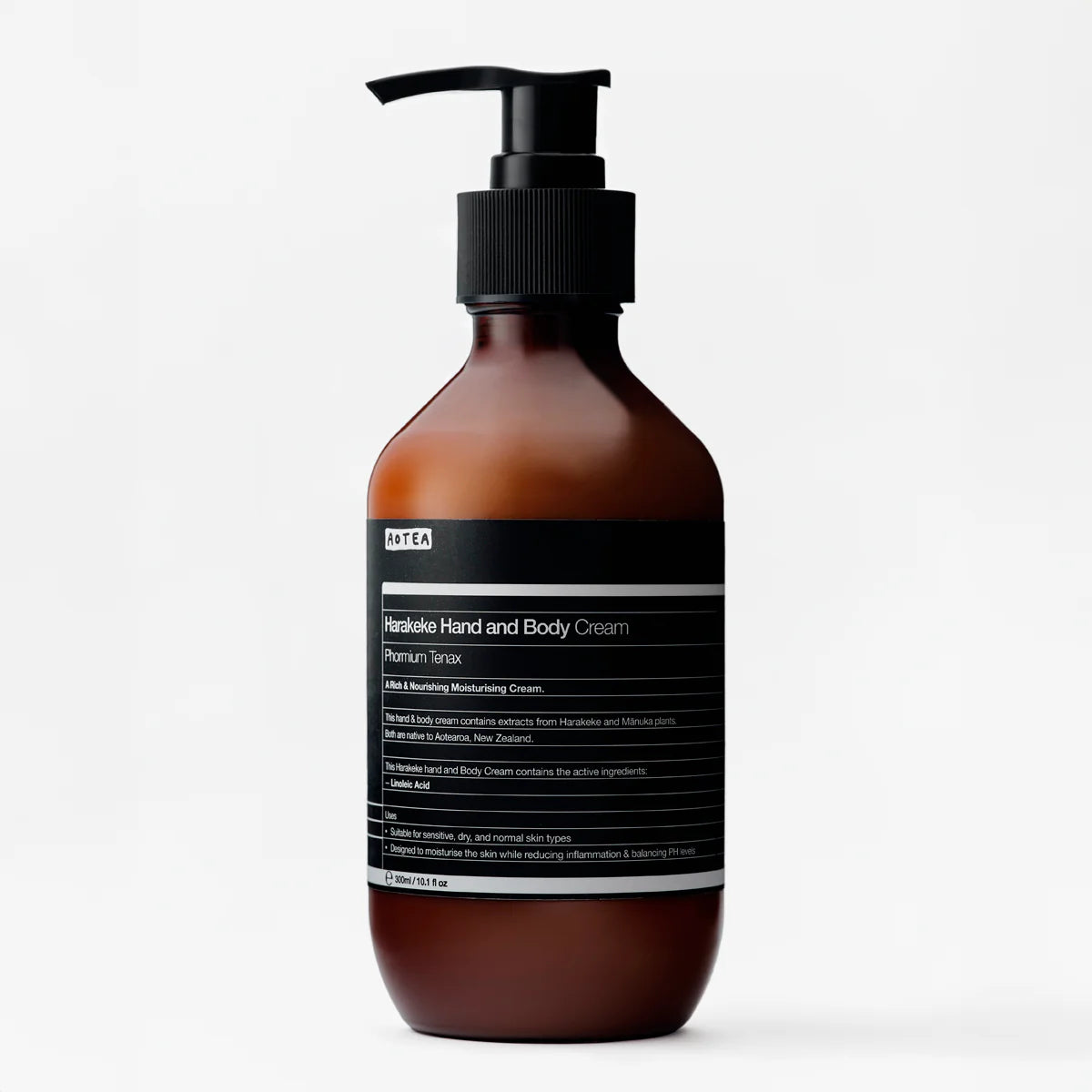 Harakeke hand and body lotion in a black pump bottle.