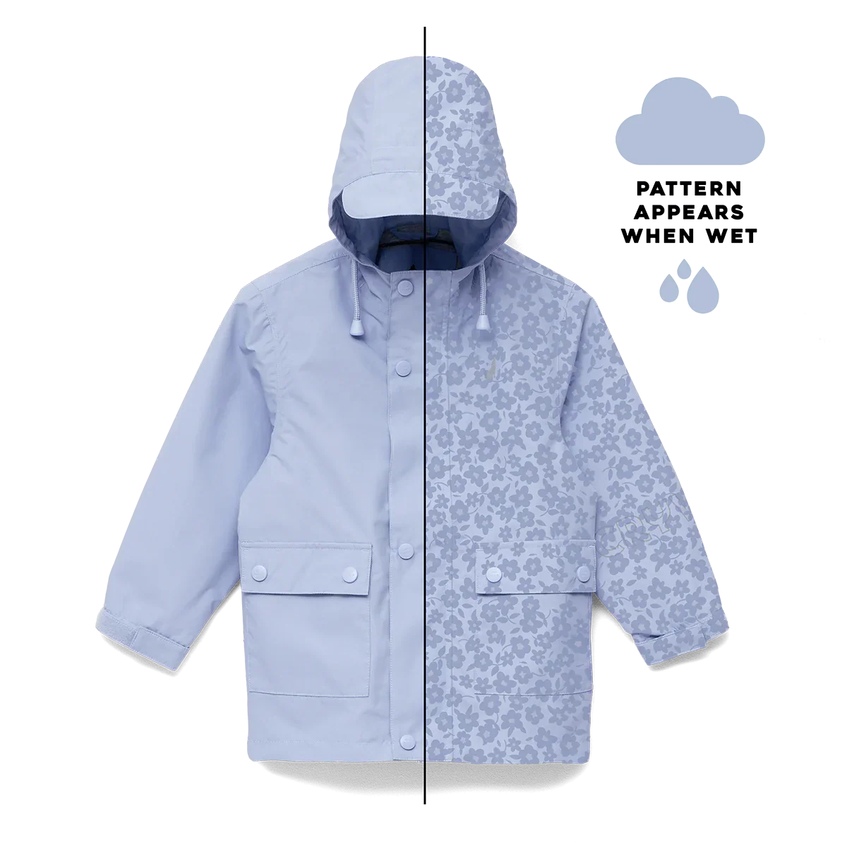 Pale blue magic rain coat with flower field design that appears in the rain.