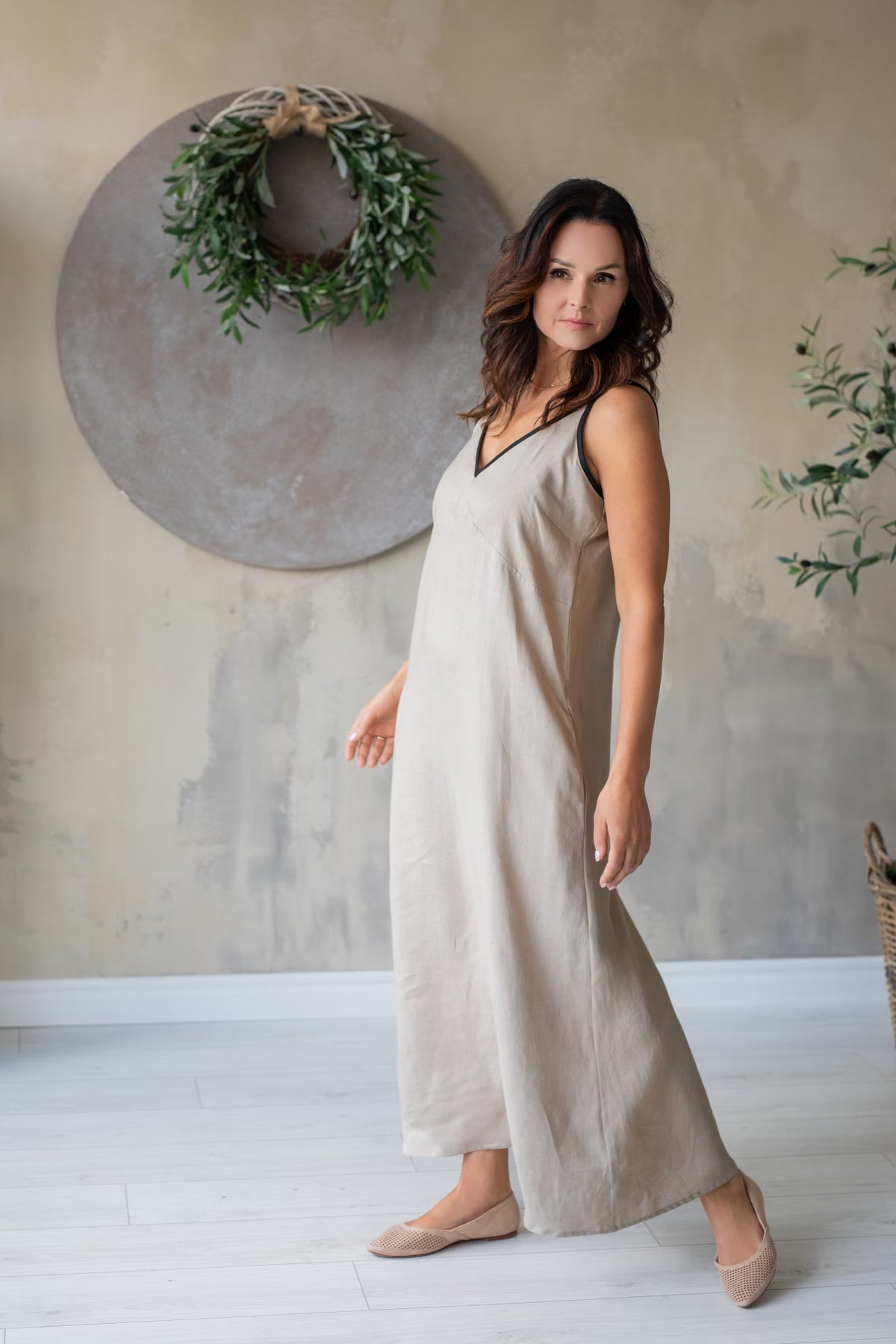 Linen Maxi Dress Romy Beige/Black Straps