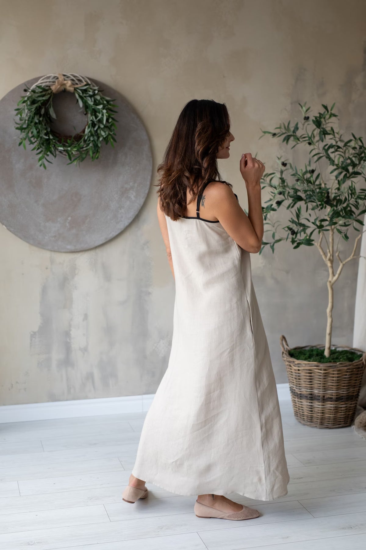 Linen Maxi Dress Romy Beige/Black Straps