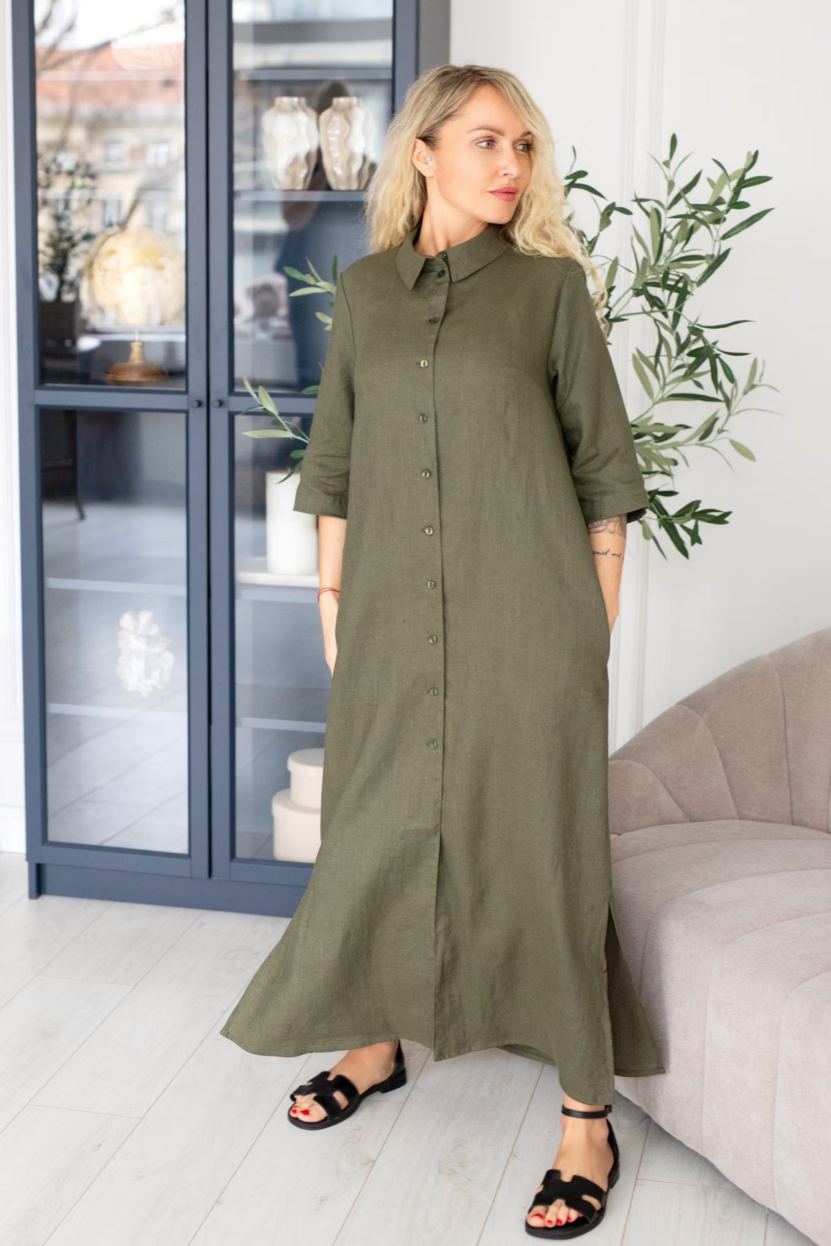 Linen Maxi Dress Marie Khaki